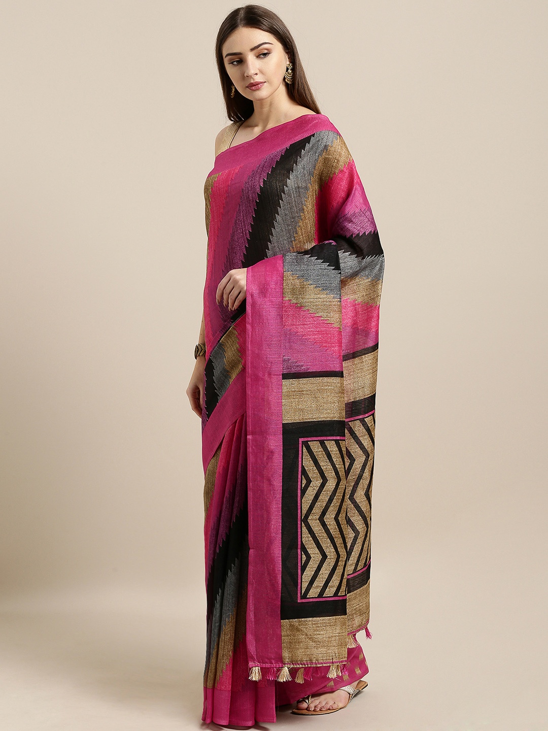 

Rajnandini Magenta & Black Linen Blend Striped Saree