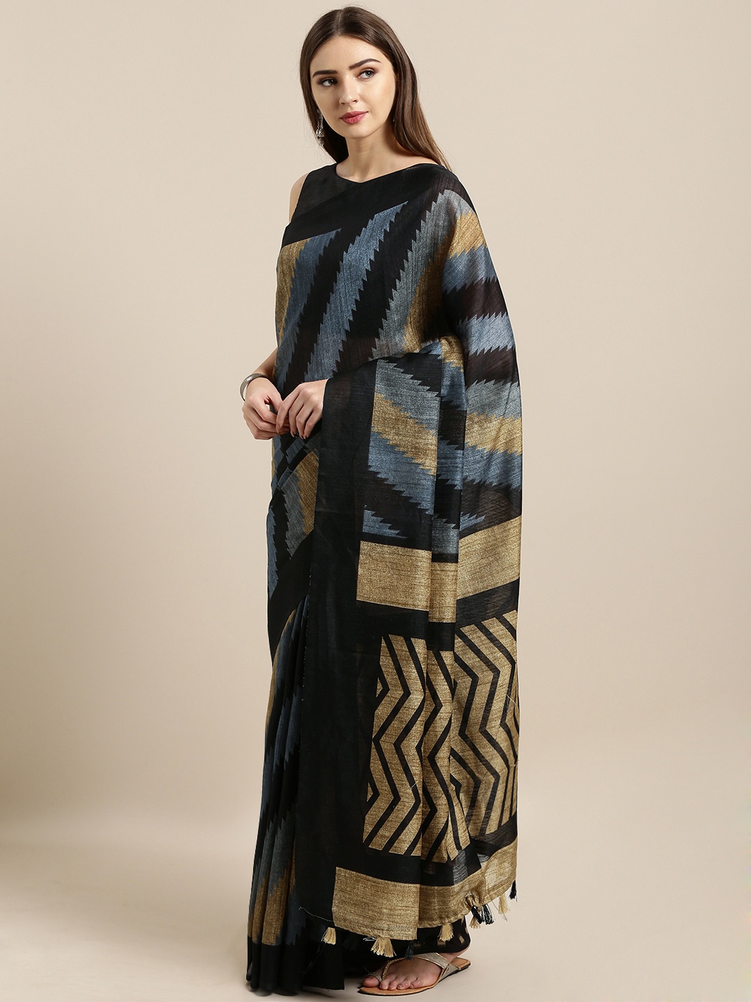 

Rajnandini Black & Blue Linen Blend Striped Saree