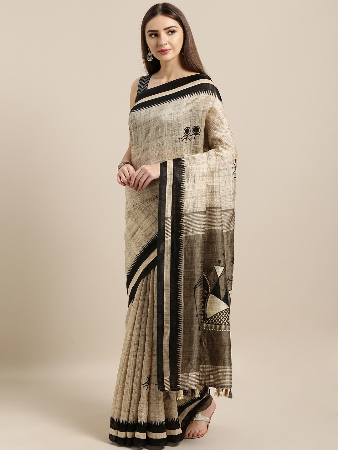 

Rajnandini Beige & Black Linen Blend Warli Printed Saree