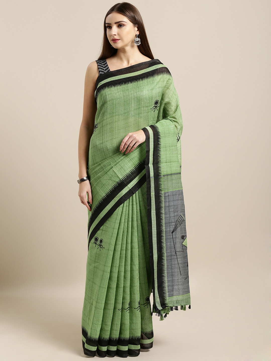 

Rajnandini Green & Black Linen Blend Warli Printed Saree