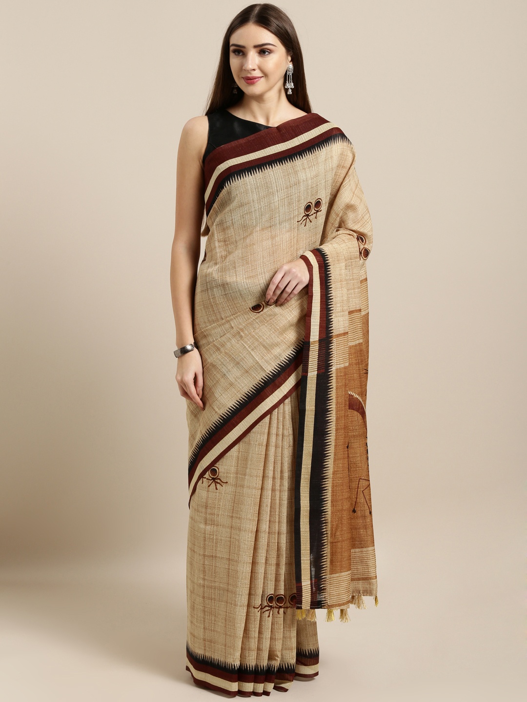 

Rajnandini Beige Printed Linen Blend Saree