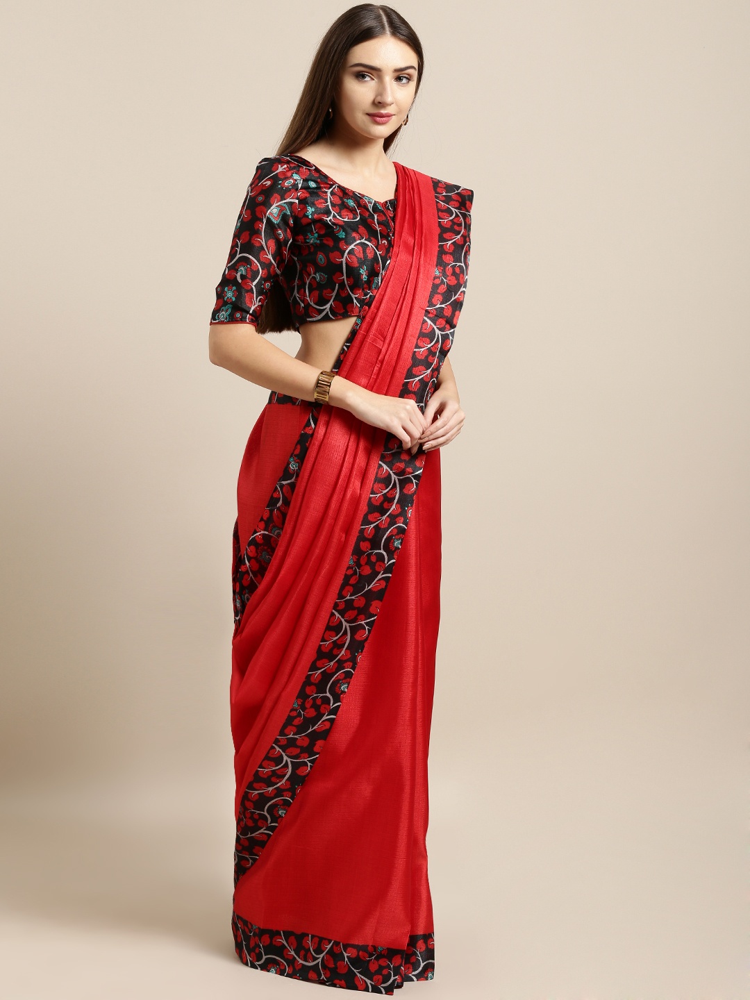 

Rajnandini Red & Black Silk Blend Solid Tussar Saree