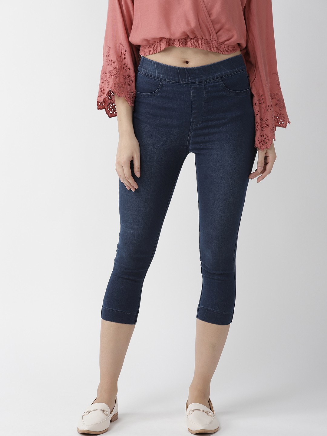 

Xpose Women Navy Blue Solid Skinny Fit Denim Capris