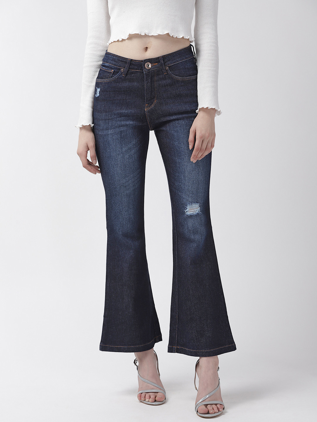 

Xpose Women Navy Blue Flared Fit High-Rise Low Distressed Stretchable Jeans