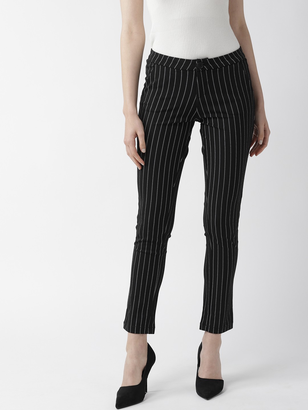 

Xpose Women Black & White Smart Slim Fit Striped Cropped Formal Trousers