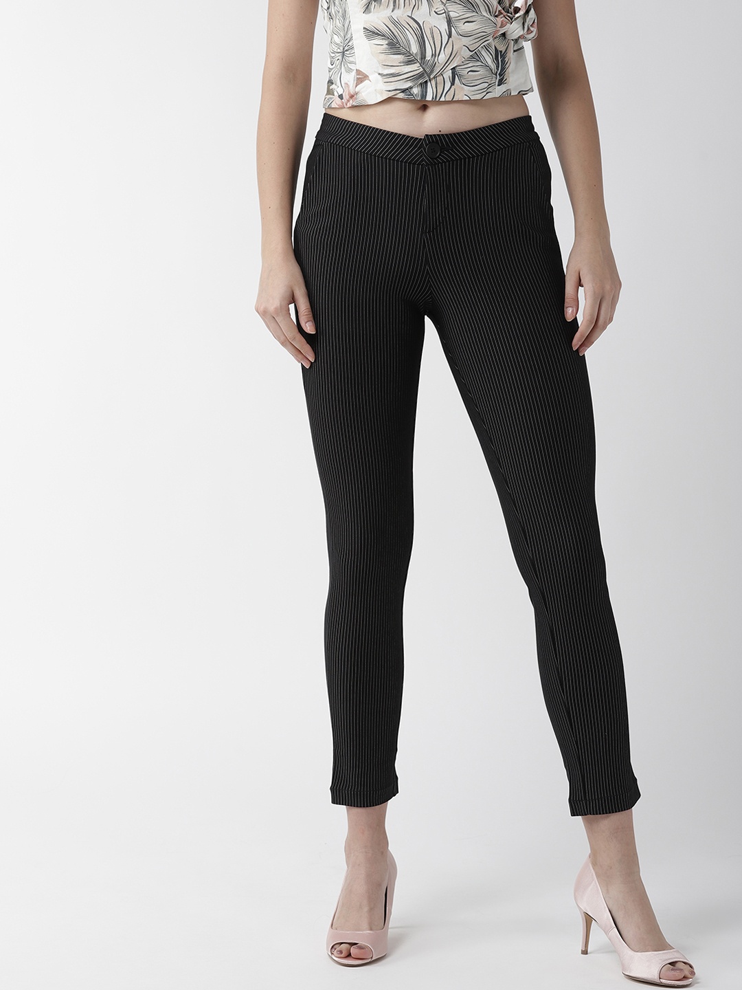 

Xpose Women Black Smart Slim Fit Striped Formal Trousers