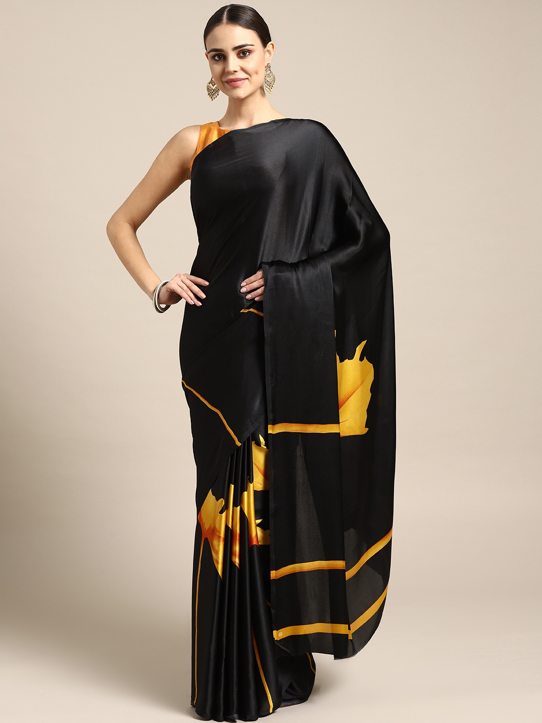 

Rajesh Silk Mills Black & Mustard Yellow Printed Saree