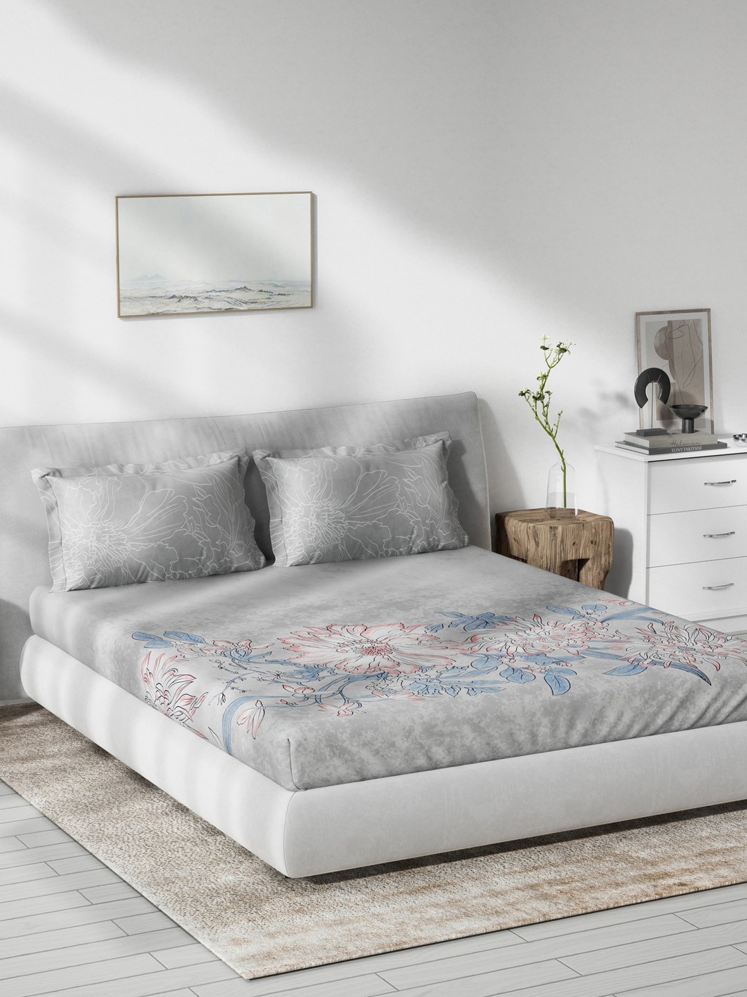 

DDecor Grey & Blue Floral 140 TC Cotton 1 Queen Bedsheet with 2 Pillow Covers