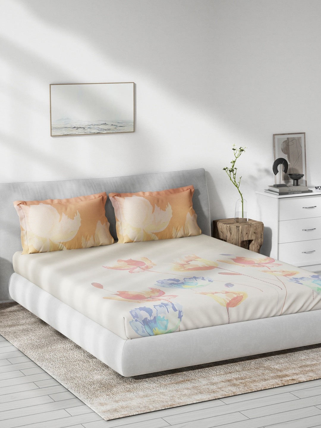 

DDecor Orange & Cream-Coloured Floral 140 TC Cotton 1 Queen Bedsheet with 2 Pillow Covers