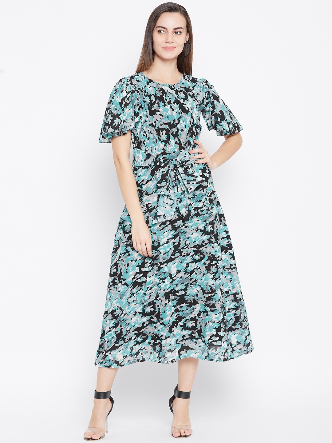 

Cottinfab Women Green & Grey Printed A-Line Dress