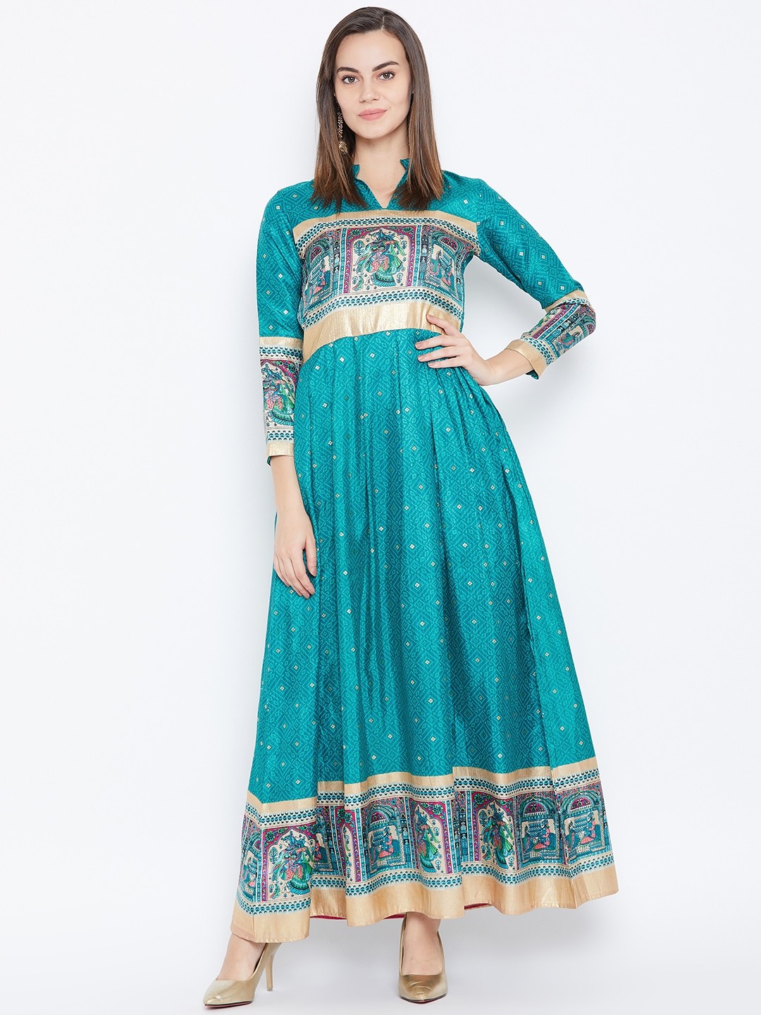 

Cottinfab Women Sea Green & Blue Printed Maxi Dress