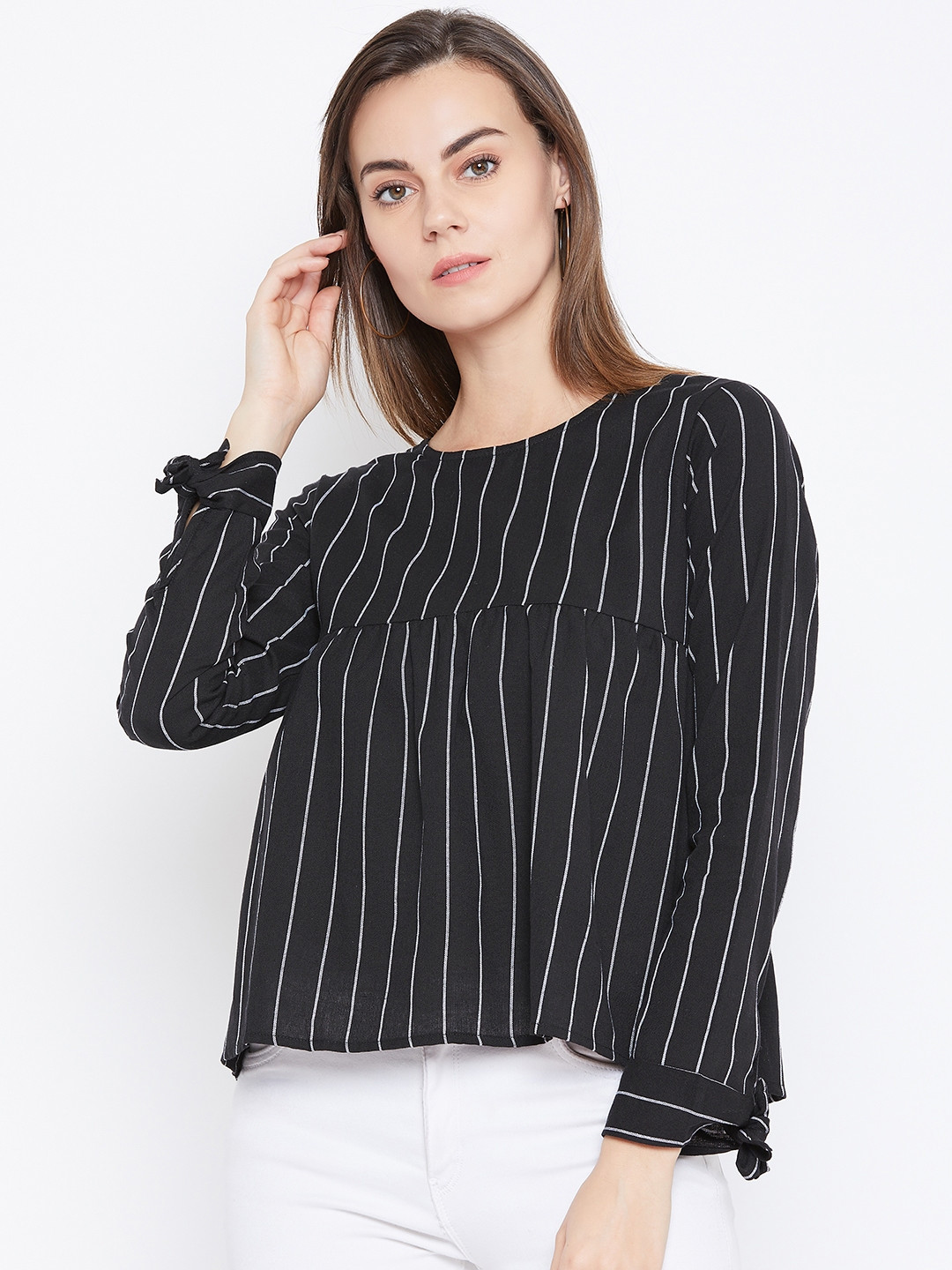 

Cottinfab Women Black & Off-White Striped A-Line Top