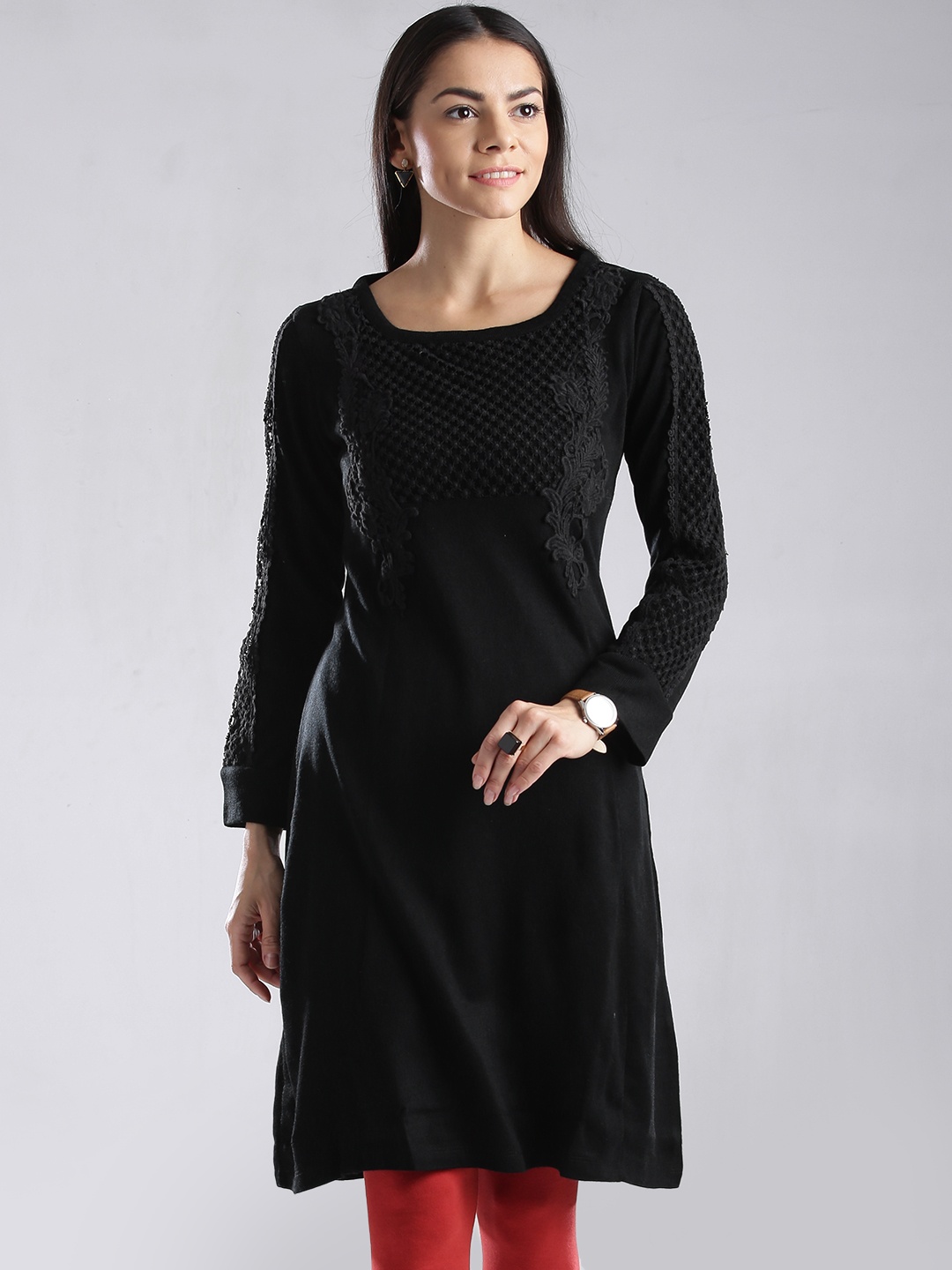 

W Black Crochet A-Line Winter Kurta