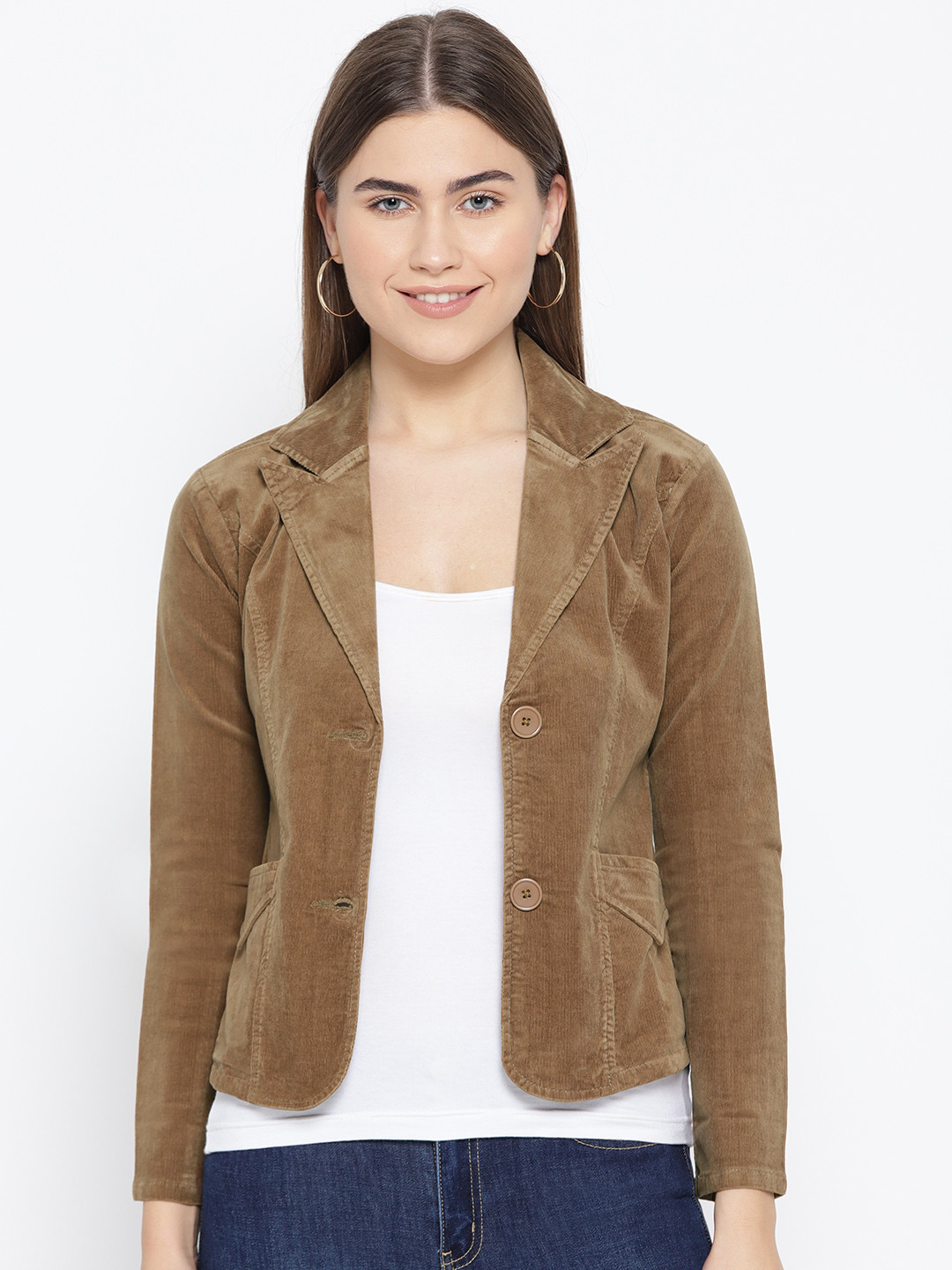 

urSense Women Brown Solid Corduroy Tailored Jacket
