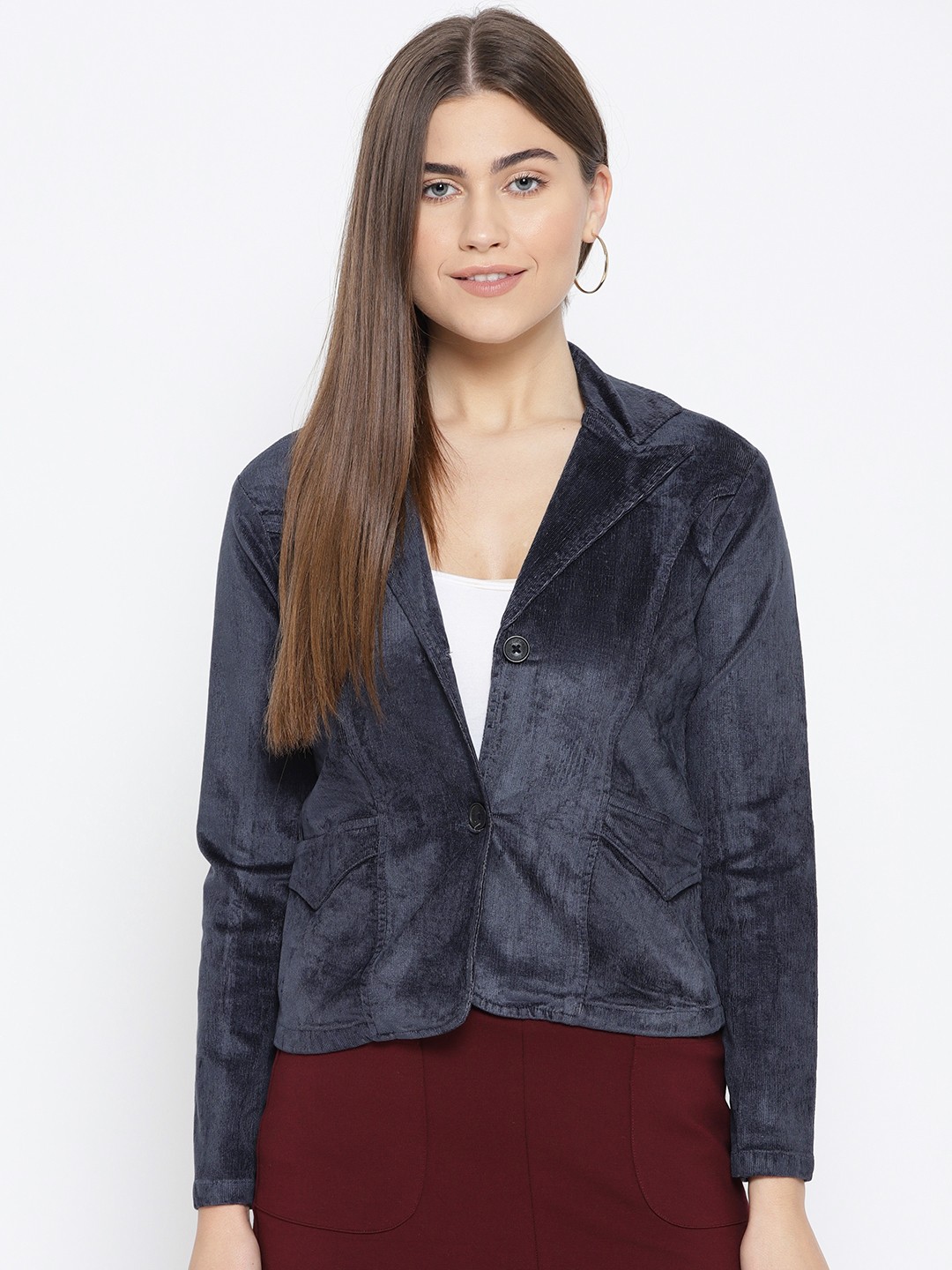 

urSense Women Navy Blue Solid Corduroy Tailored Jacket