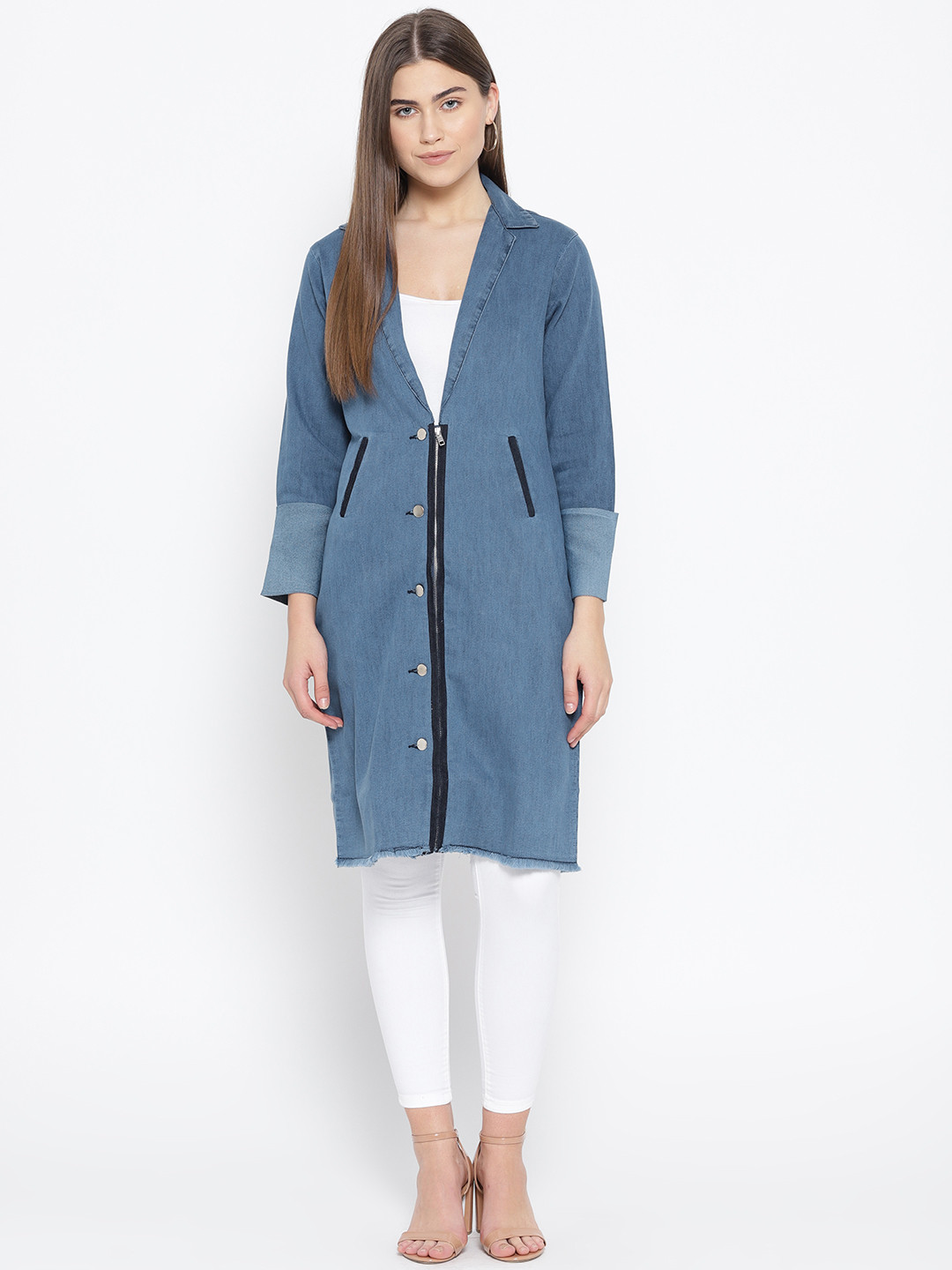 

urSense Women Washed Longline Denim Jacket, Blue