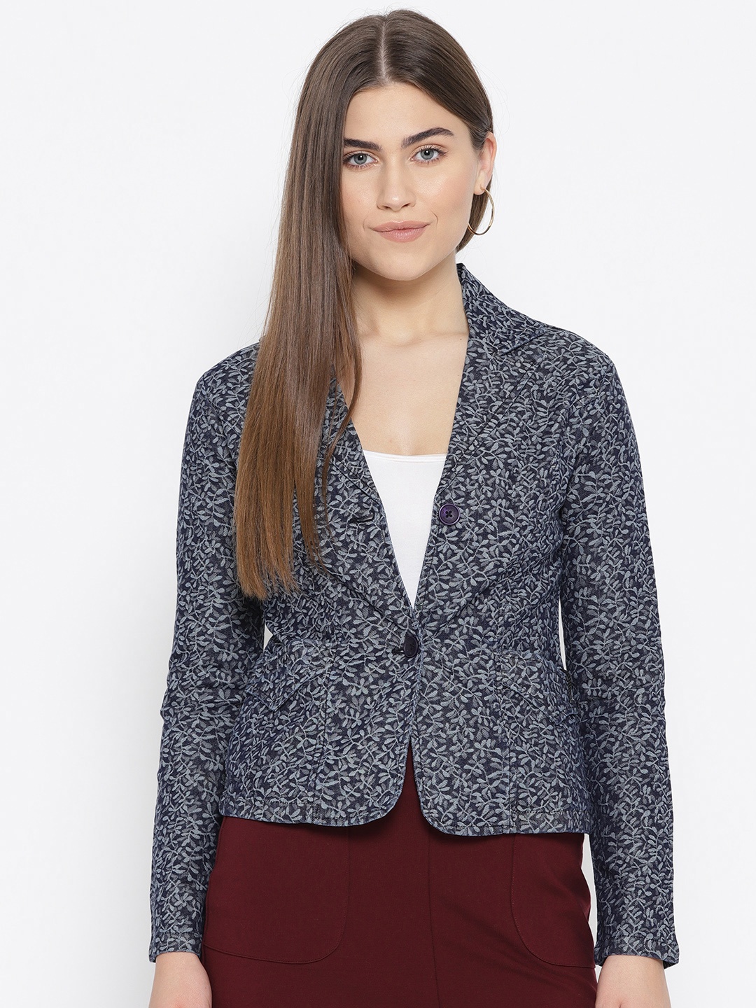 

urSense Women Navy Blue & Grey Self Design Tailored Jacket