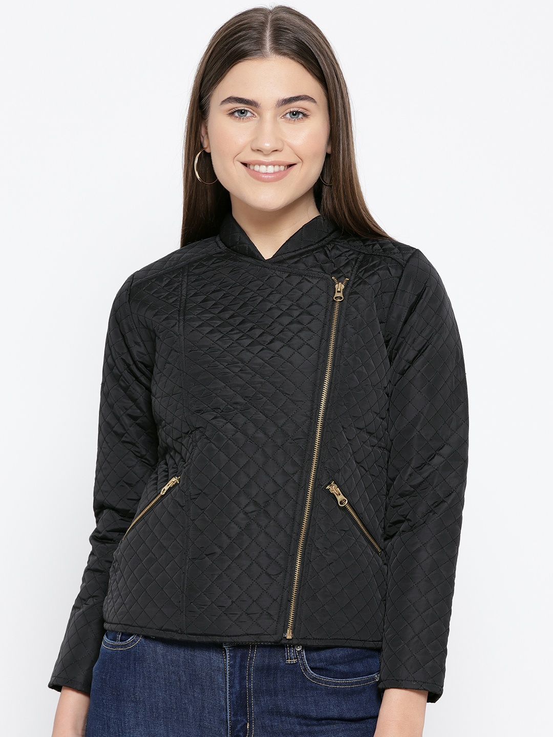 

urSense Women Black Solid Quilted Jacket
