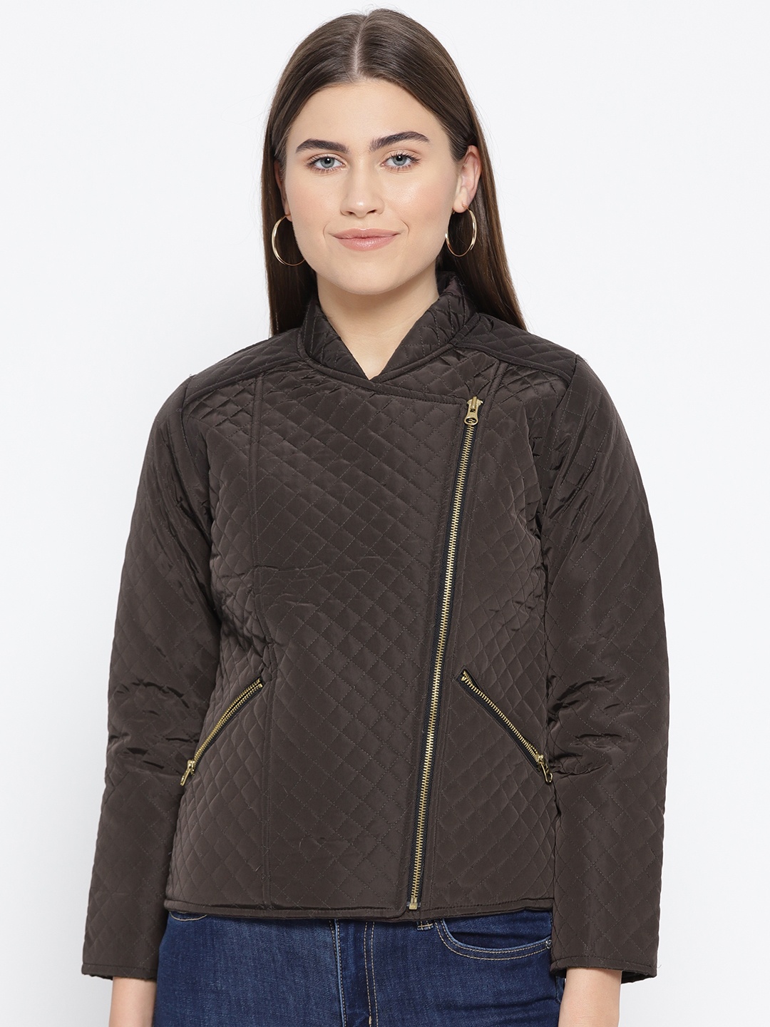 

urSense Women Brown Solid Asymmetric Closure Quilted Jacket