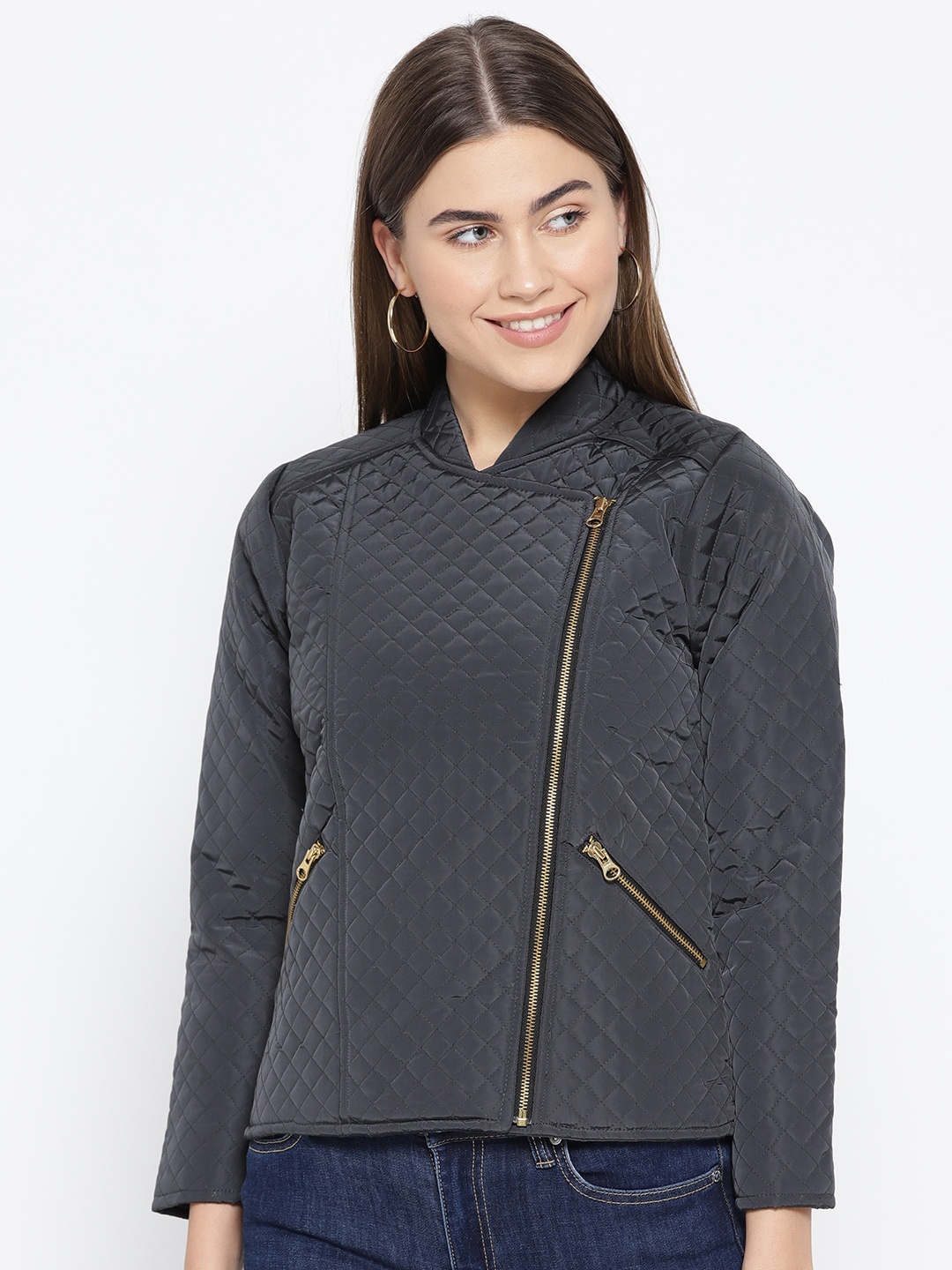 

urSense Women Charcoal Grey Solid Asymmetric Closure Quilted Jacket