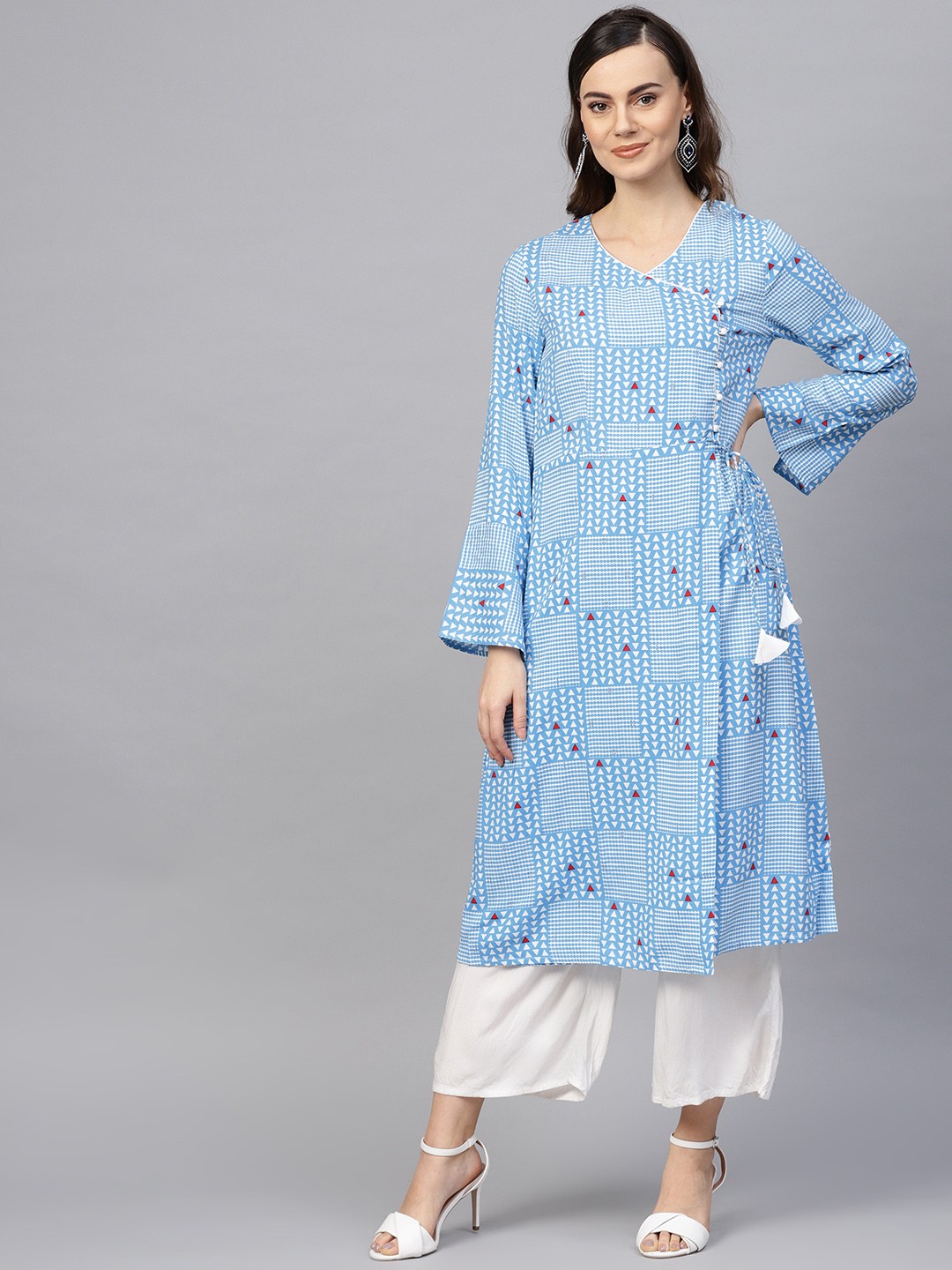 

RARE ROOTS Women Blue & White Printed Angarakha A-Line Kurta