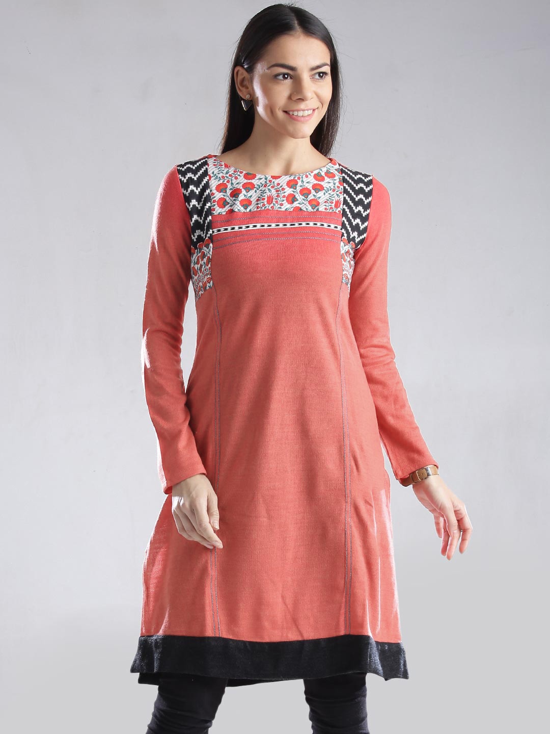 

W Coral Orange Printed Winter Kurta