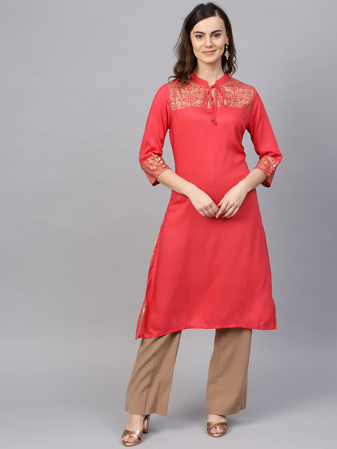 

RARE ROOTS Women Coral Pink Solid Straight Kurta