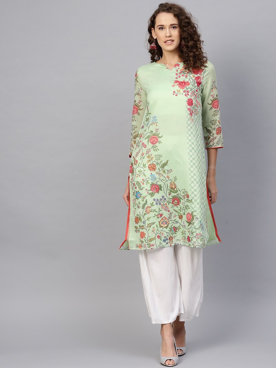 

RARE ROOTS Women Green & Pink Floral Printed Straight Kurta