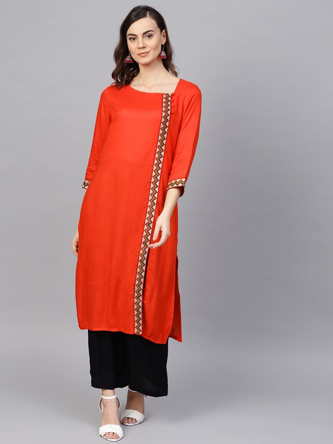 

RARE ROOTS Women Red Solid Angrakha Straight Kurta