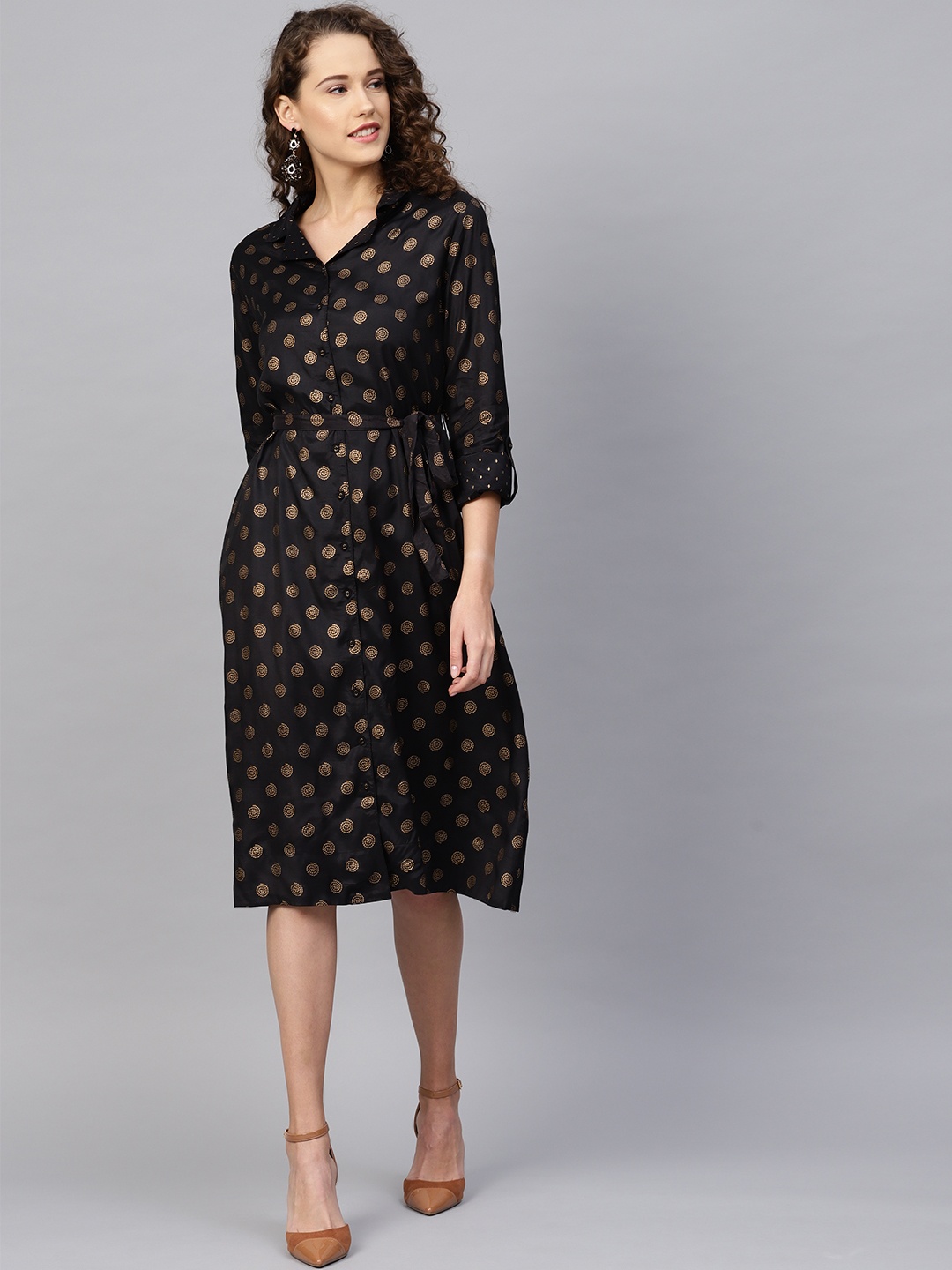 

RARE ROOTS Women Black & Golden Printed Shirt Dress