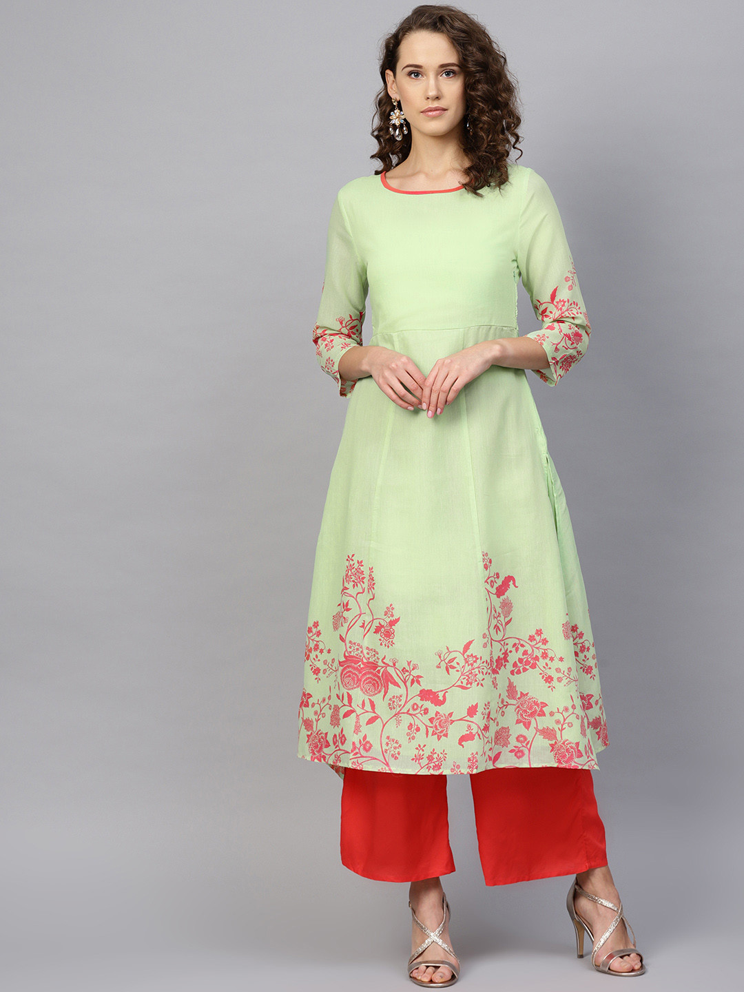 

RARE ROOTS Women Green & Pink Floral Printed A-Line Kurta
