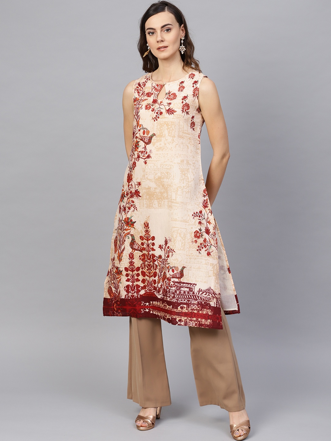 

RARE ROOTS Women Beige & Maroon Printed Straight Kurta