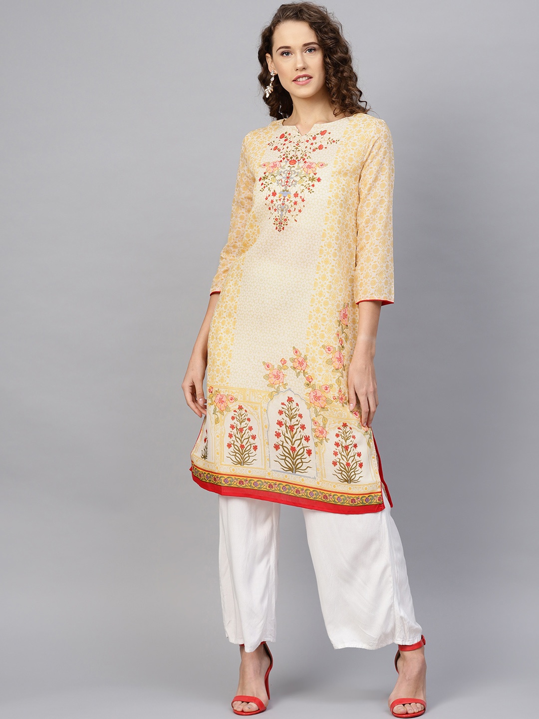 

RARE ROOTS Women Cream-Coloured & Red Floral Printed Straight Kurta