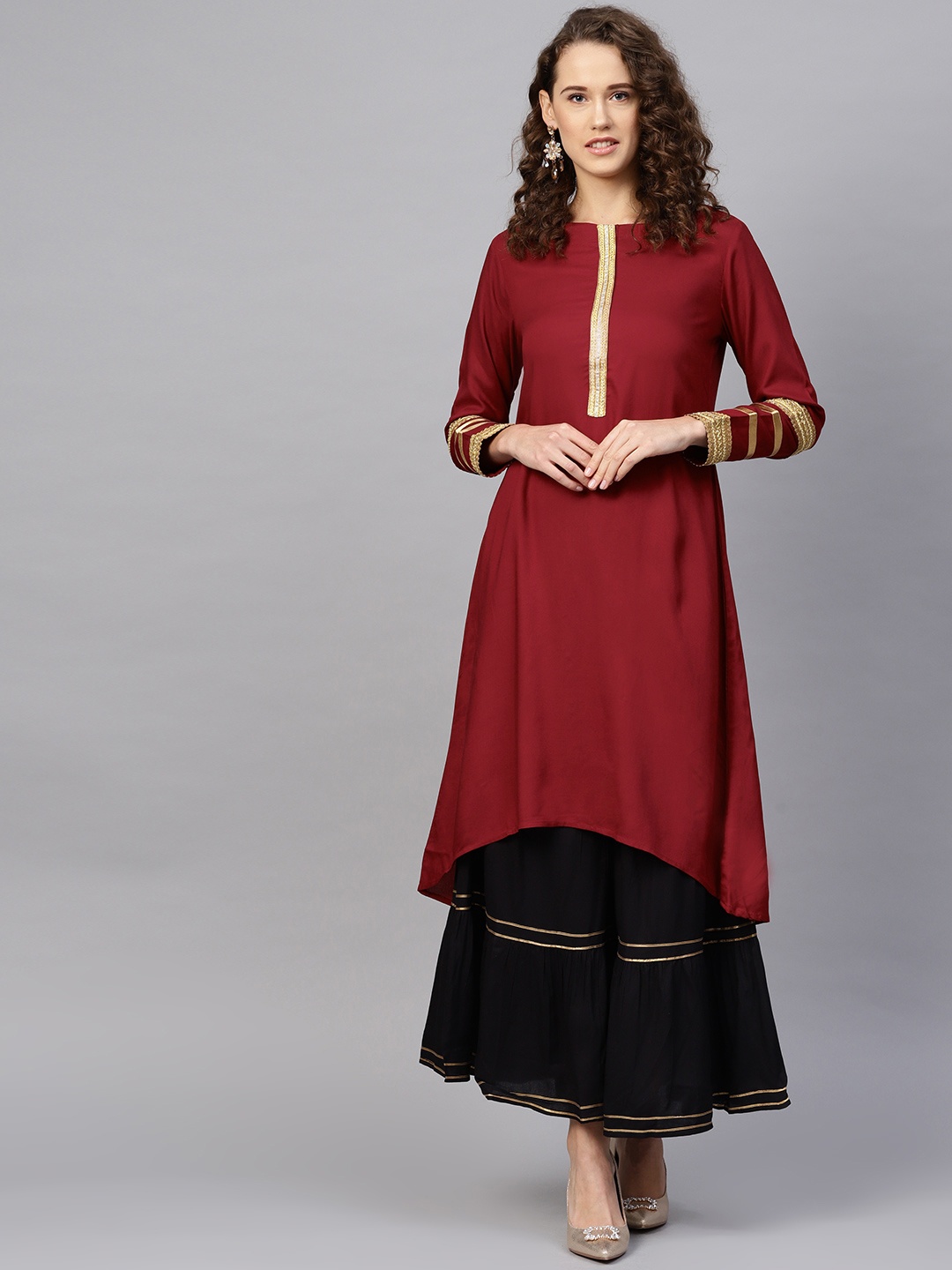 

RARE ROOTS Women Maroon Solid A-Line Asymmetric Kurta