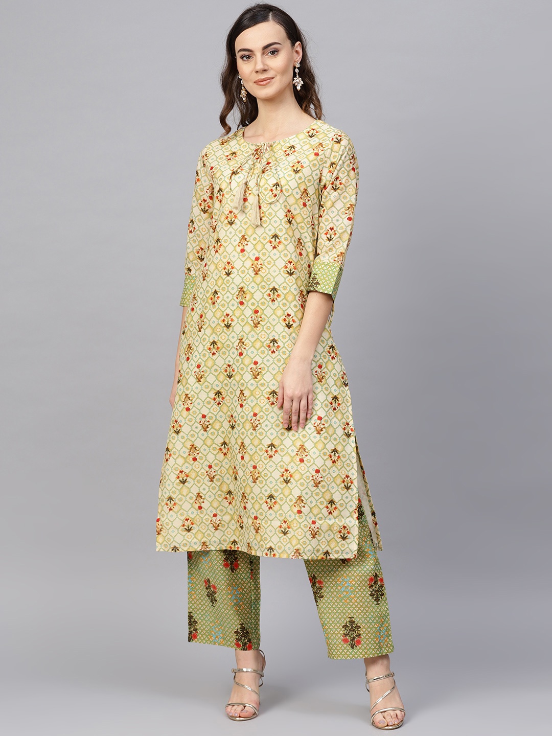 

RARE ROOTS Women Beige & Green Printed Kurta with Palazzos