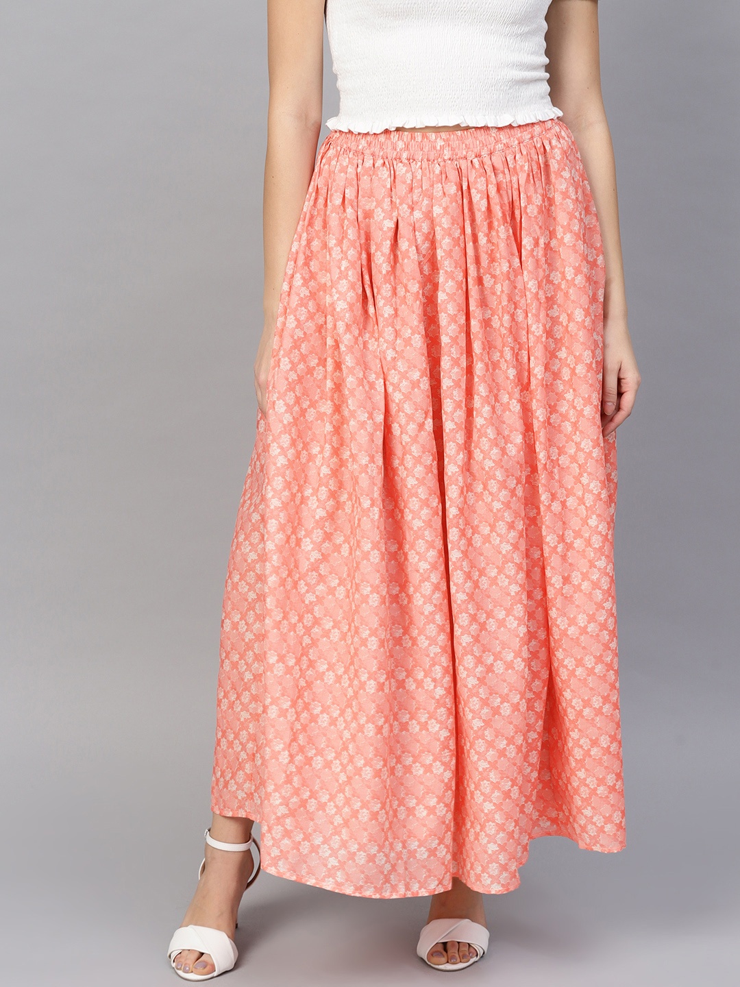 

RARE ROOTS Women Peach-Coloured & Off-White Printed Flared Maxi Skirt