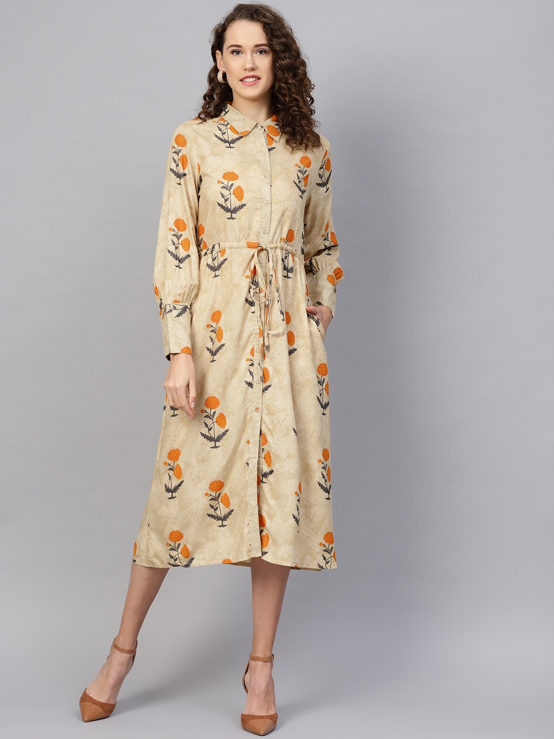 

RARE ROOTS Women Beige & Orange Printed Shirt Dress