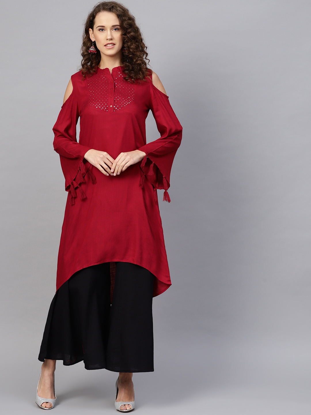 

RARE ROOTS Women Maroon Cold-Shoulder Yoke Design A-Line Kurta