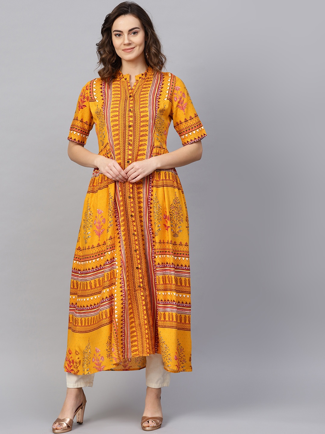 

RARE ROOTS Women Mustard Yellow & Maroon Printed A-Line Kurta