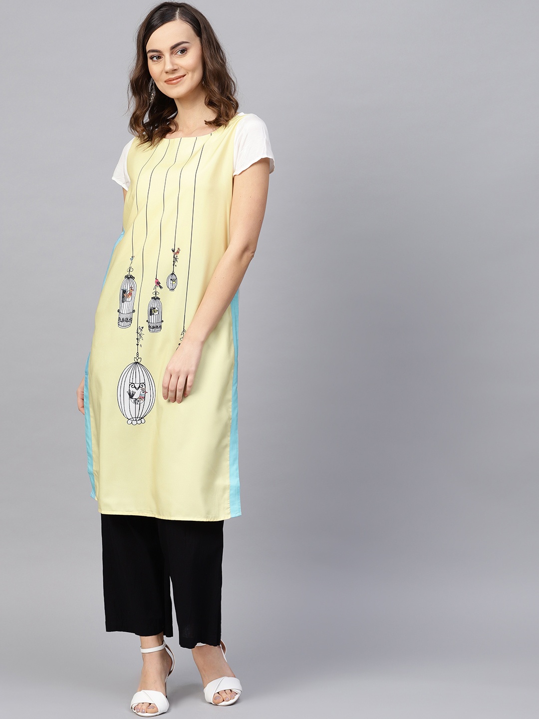 

RARE ROOTS Women Beige & Black Quirky Printed Straight Kurta