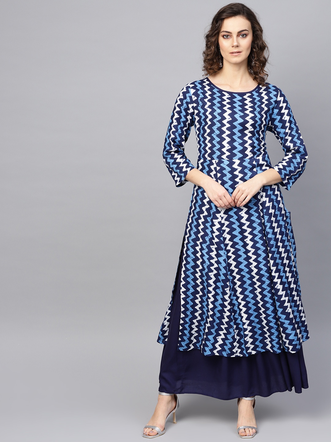 

RARE ROOTS Women Blue & Off-White Printed Kurta with Skirt