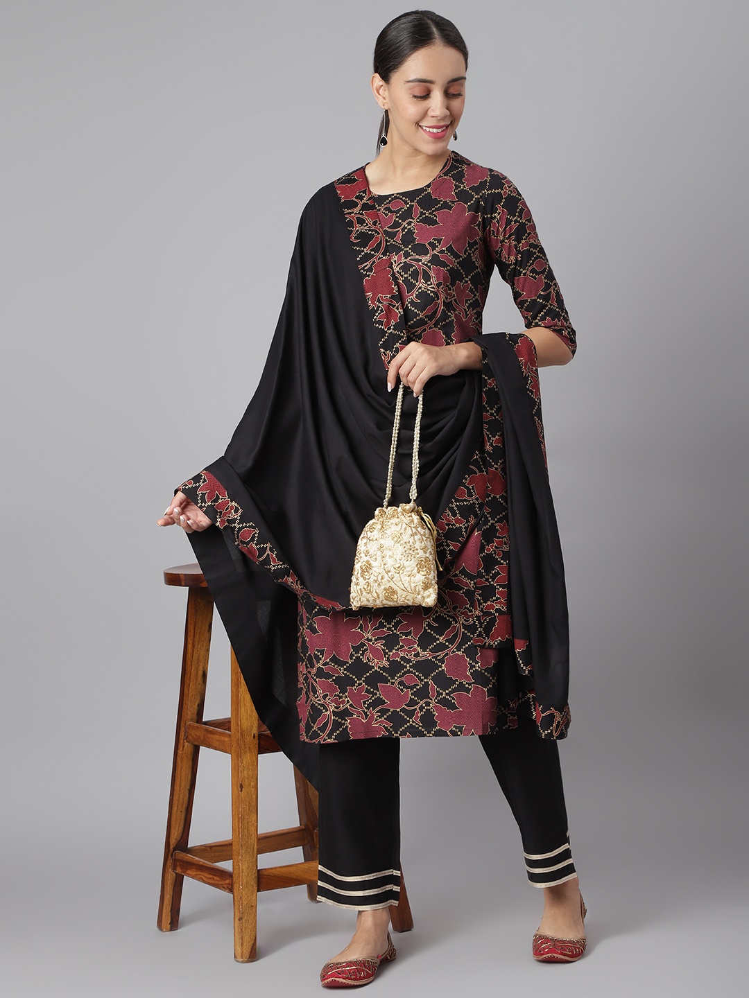 

Khushal K Women Black Printed Kurta with Palazzos & Dupatta