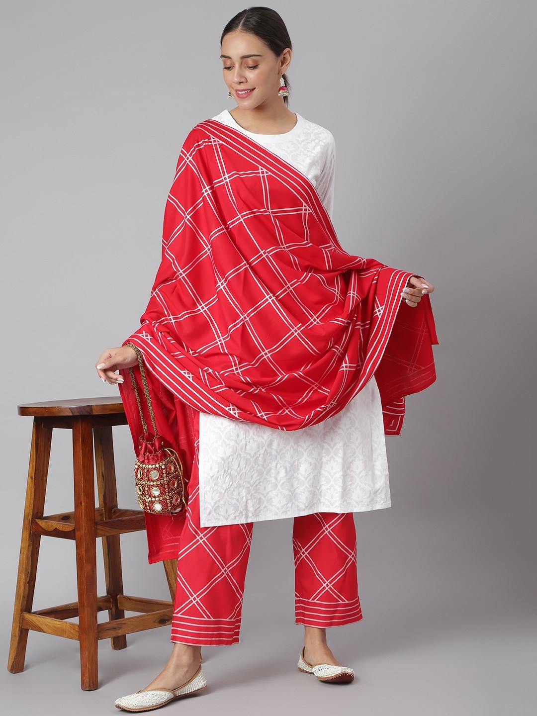 

Khushal K Women White & Red Printed Kurta with Palazzos & Dupatta