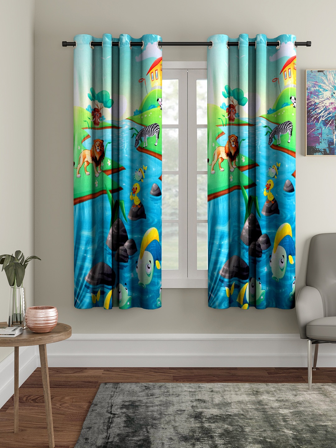 

Cortina Blue & Fluorescent Green Set of 2 Window Curtains