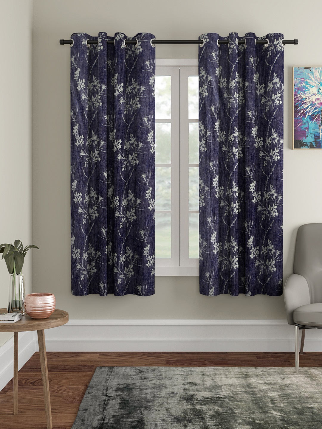

Cortina Set of 2 Floral Printed Window Curtains, Navy blue