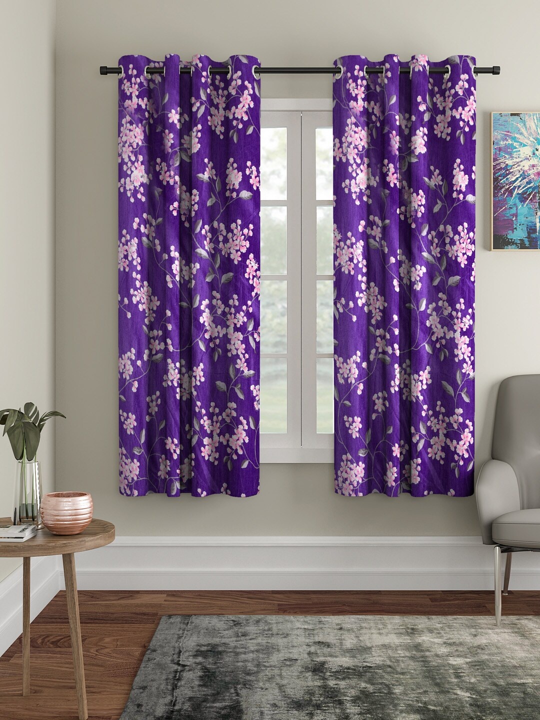 Cortina Set of 2 Floral Printed Window Curtains, Purple