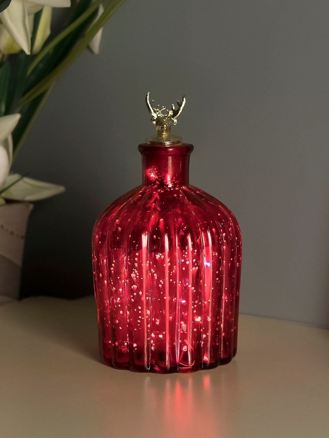

Homesake Red Printed Handcrafted Flat Base Bottle Lamp