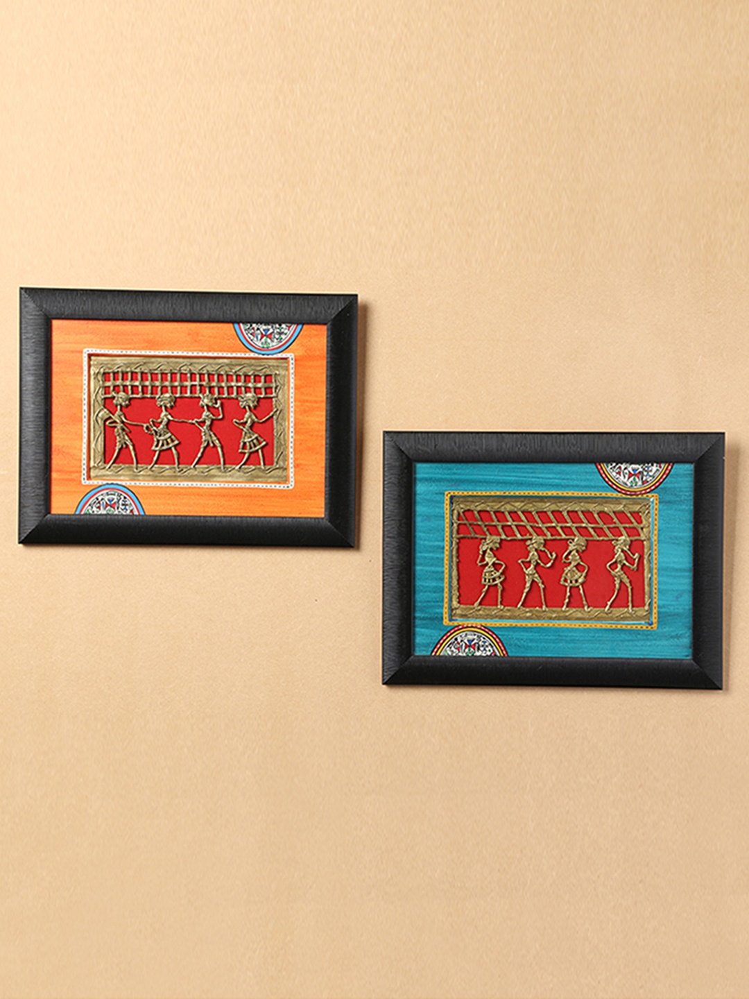 

ExclusiveLane Set of 2 Multicoloured Warli Dhokra Wall Painting, Coral