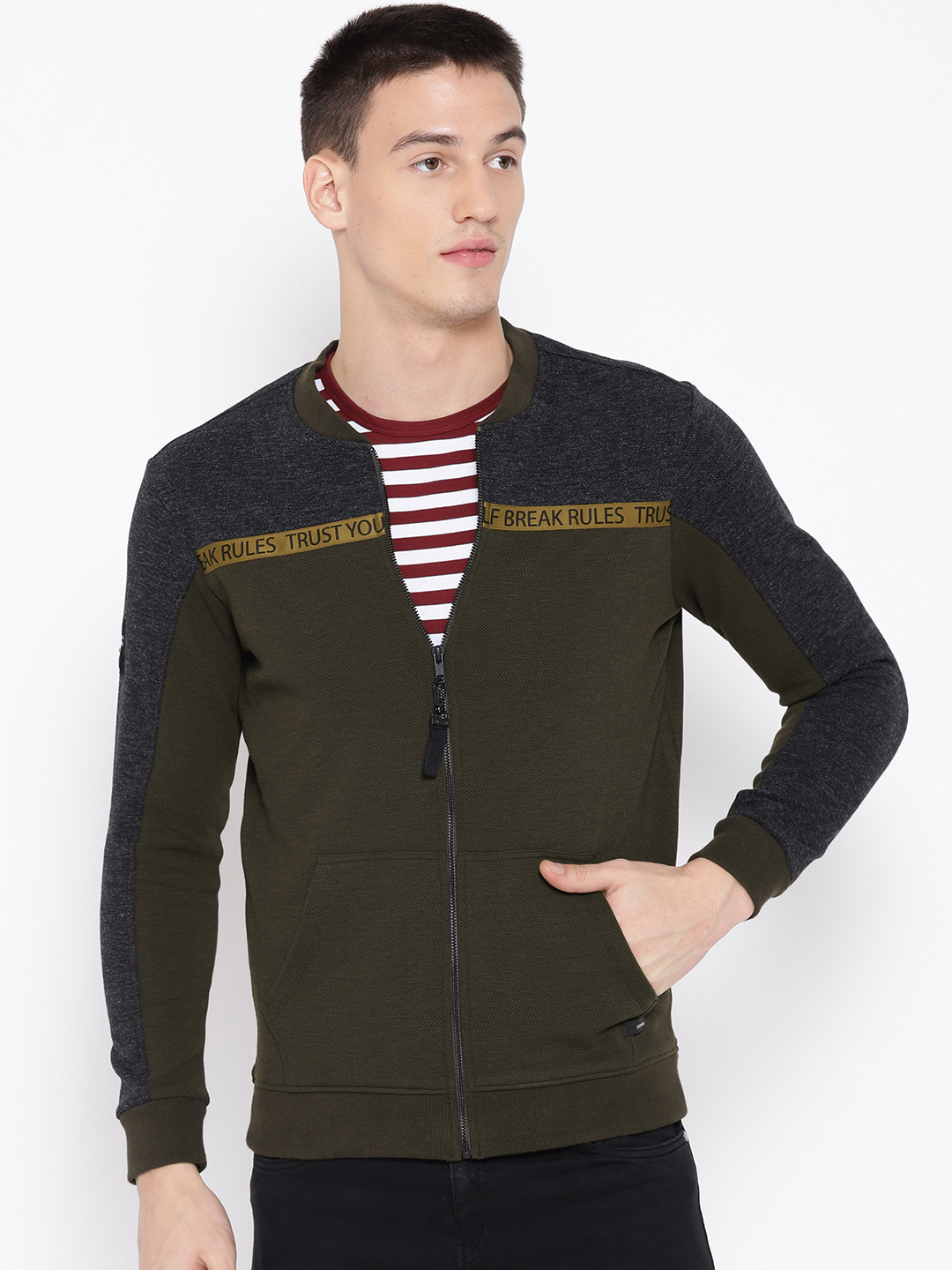 

SPYKAR Men Olive Green & Charcoal Grey Colourblocked Sweatshirt