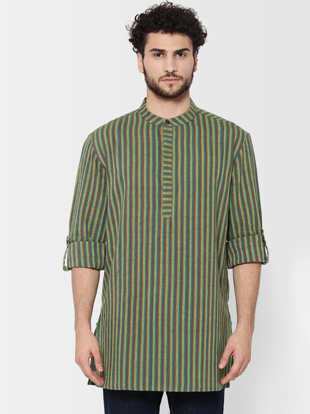 

Fabindia Men Green & Rust Brown Handwoven Striped Straight Kurta